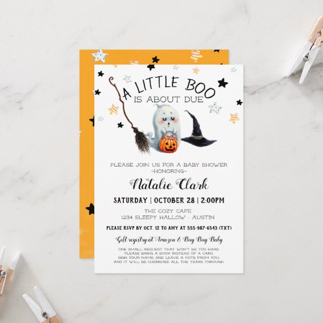 Little Boo Baby Shower Pumpkin Ghost Halloween Invitation (Front/Back In Situ)