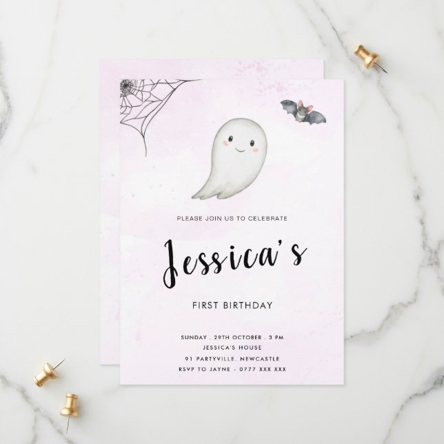 Little Boo Birthday Party Invitation (Front/Back In Situ)