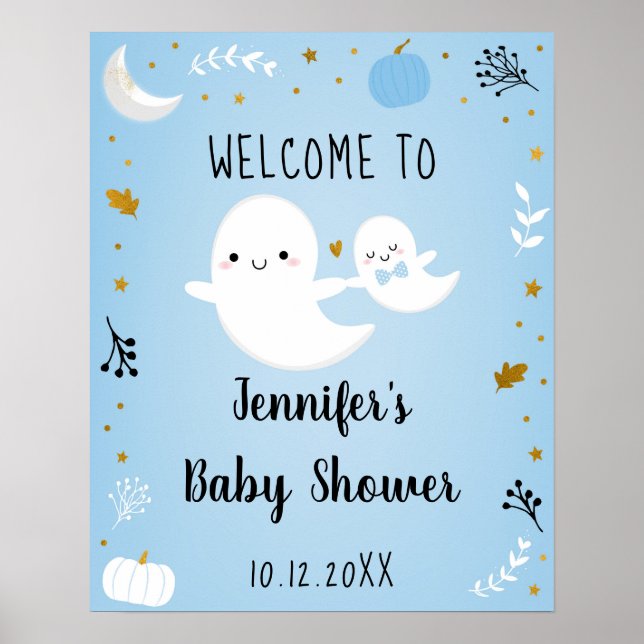 Little Boo Blue Boy Ghost Baby Shower Welcome Poster (Front)