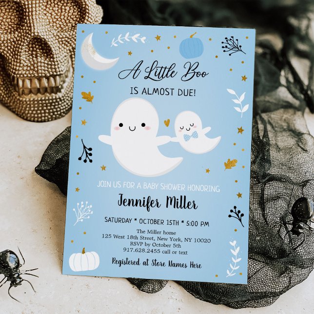 Little Boo Blue Gold Ghost Pumpkin Baby Shower Invitation (Creator Uploaded)