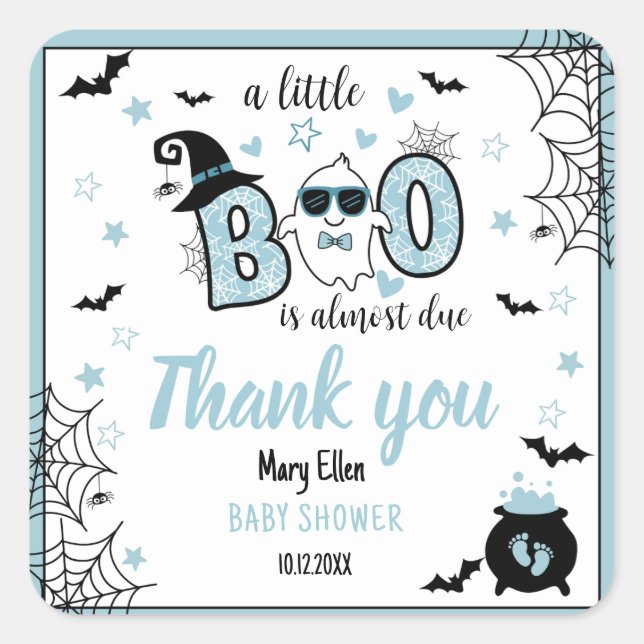 LITTLE BOO BLUE HALLOWEEN BABY SHOWER THANK YOU SQUARE STICKER (Front)