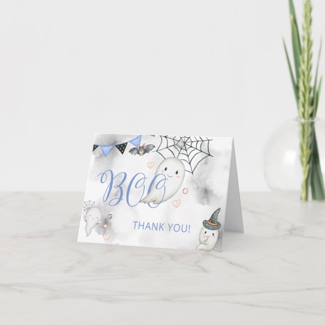 Little Boo Blue Halloween Ghost Baby Shower Thank You Card (Front)