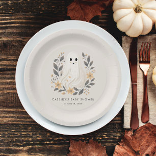 Little Boo Boho Ghost Halloween Baby Shower Paper Plate