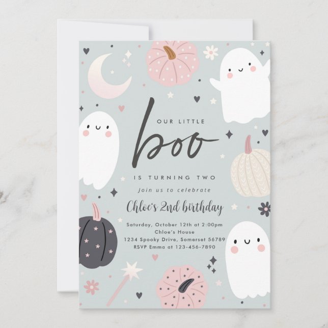 Little Boo Boho Halloween Ghost 2nd Birthday Party Invitation (Front)