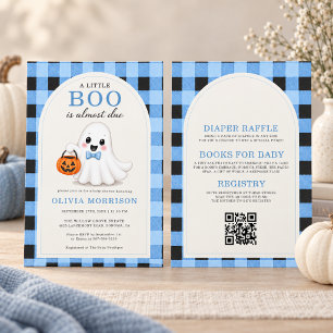 Little Boo Boy Ghost Blue Bow QR Code Baby Shower Invitation