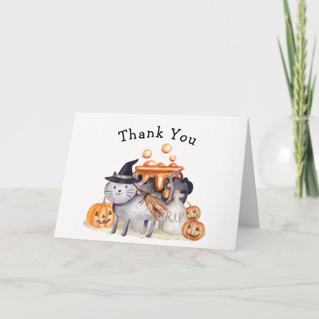 Little Boo Cat In Witch Hat Brewing Baby Shower  Thank You Card (Front)
