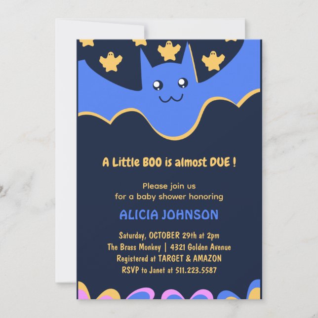 Little boo Cute bat Boy Halloween baby shower  Invitation (Front)