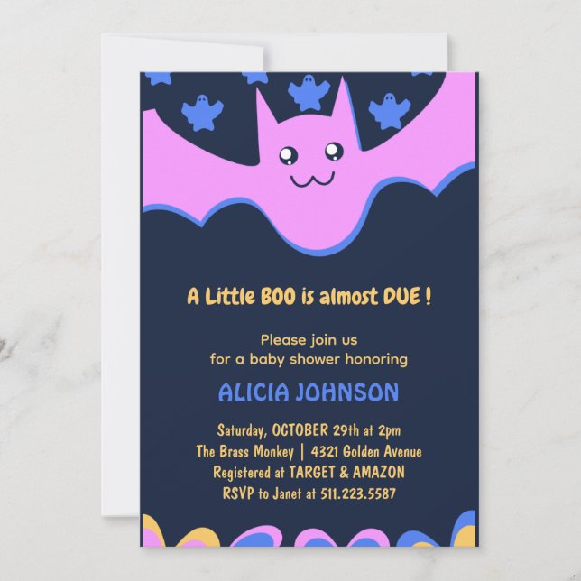 Little boo Cute bat Pink Halloween baby shower  Invitation (Front)