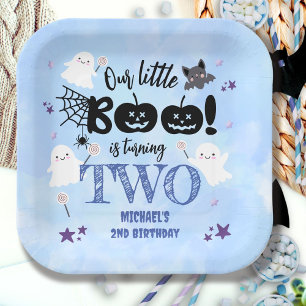 Little Boo! Cute Blue Boy Halloween 2nd Birthday Paper Plate