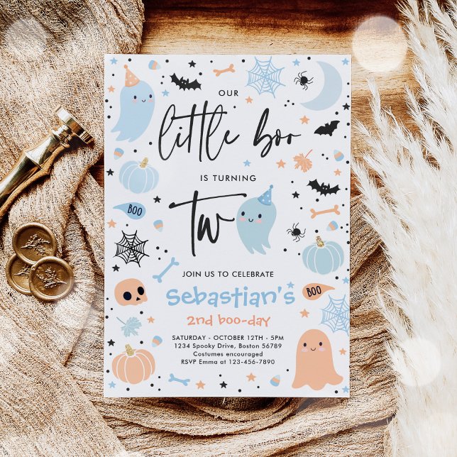 Little Boo Cute Blue Ghost 2nd Birthday Party Invitation (Creator Uploaded)