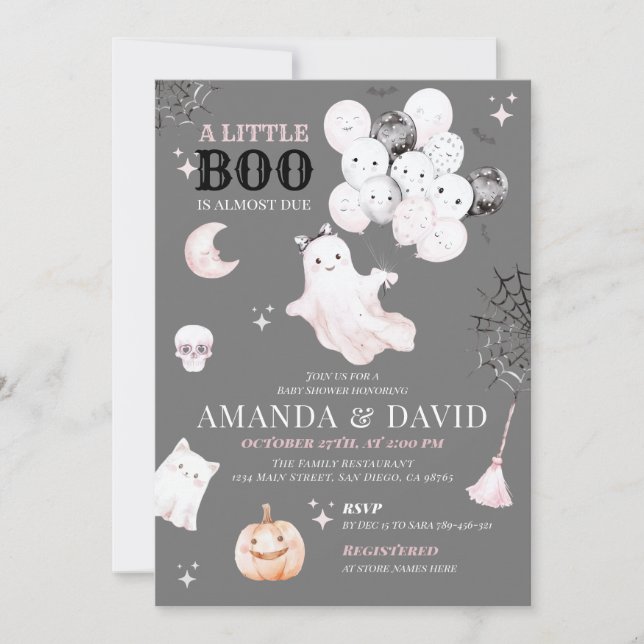 Little Boo Cute Ghost Halloween Baby Girl Shower Invitation (Front)