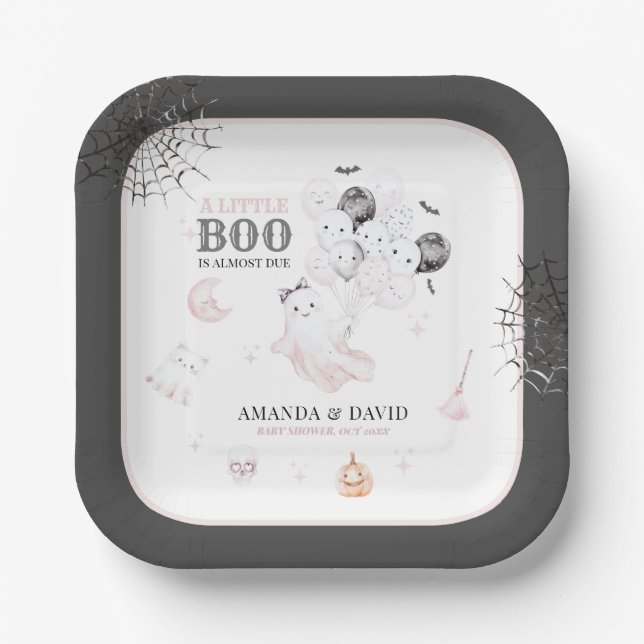 Little Boo Cute Ghost Halloween Baby Girl Shower Paper Plate (Front)