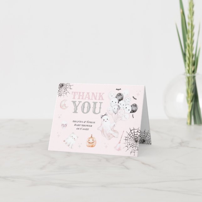 Little Boo Cute Ghost Halloween Baby Girl Shower Thank You Card (Front)