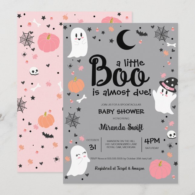 Little Boo Cute Ghost Halloween Girl Baby Shower Invitation (Front/Back)