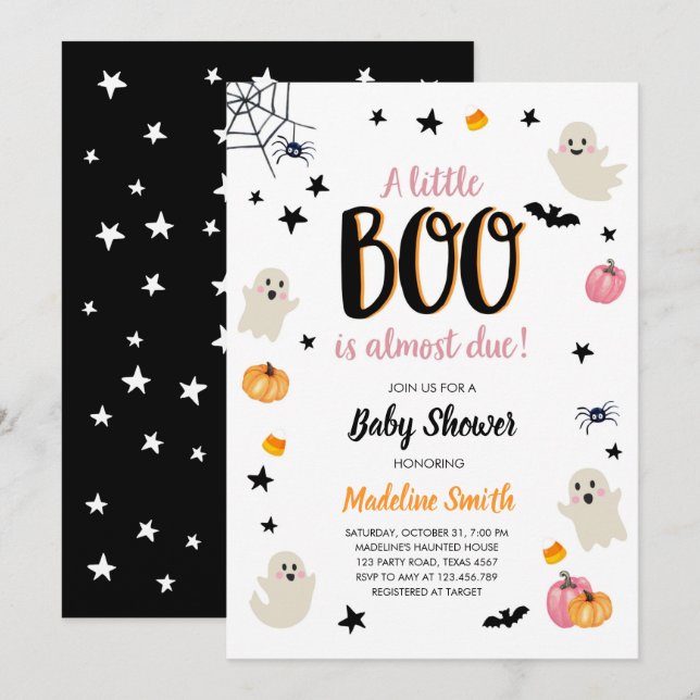 Little Boo Cute Halloween Pink Ghost Baby Shower Invitation (Front/Back)