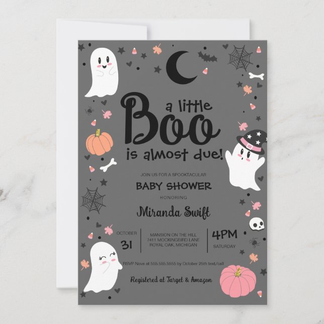 Little Boo Cute Halloween Pink Grey Baby Shower Invitation (Front)