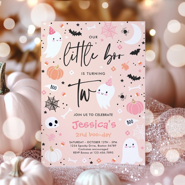 Little Boo Cute Pink Ghost 2nd Birthday Party  Invitation (Creator Uploaded)