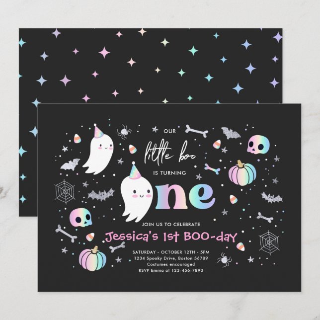 Little Boo Cute Pink Ghost Halloween 1st Birthday Invitation (Front/Back)