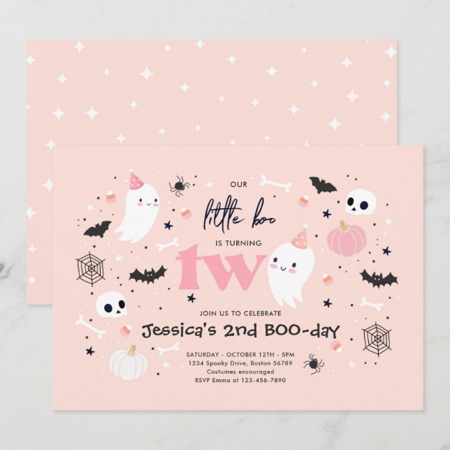 Little Boo Cute Pink Ghost Halloween 2nd Birthday Invitation (Front/Back)