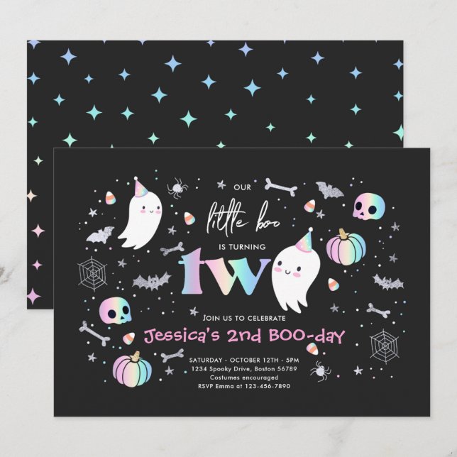 Little Boo Cute Pink Ghost Halloween 2nd Birthday Invitation (Front/Back)