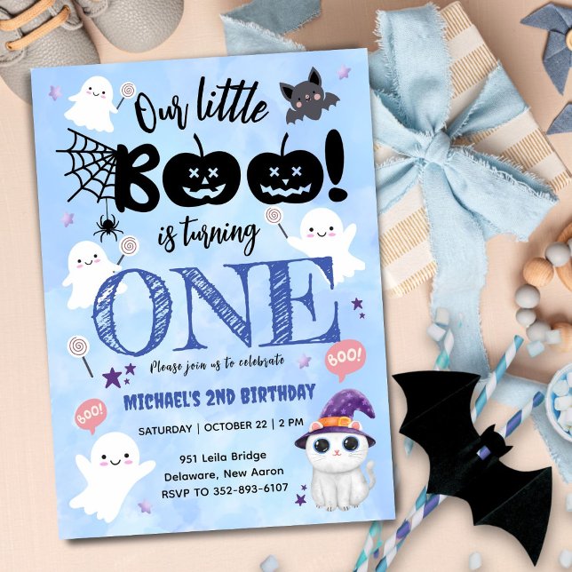 Little Boo! Cute Spooky Boy Halloween 1st Birthday Invitation (Creator Uploaded)