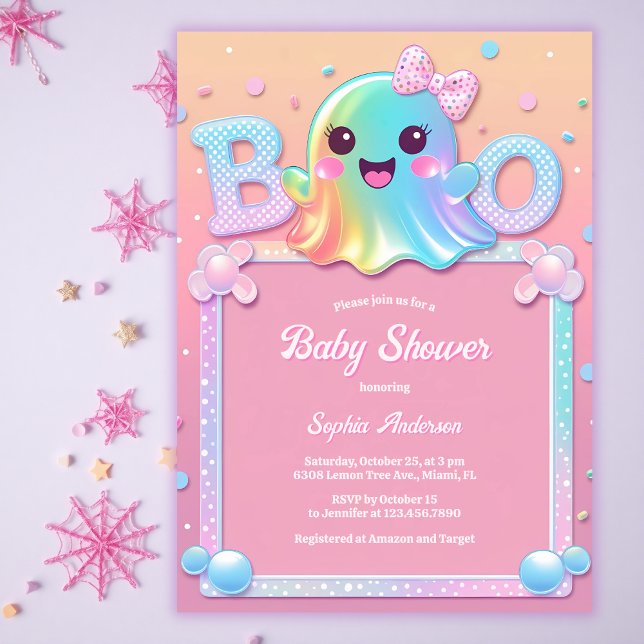 Little Boo Ghost Cute Halloween Girl Baby Shower Invitation (Little Boo Iridescent Ghost Baby Shower Invitation Cute Halloween Coquette Girl Invite for Fall)