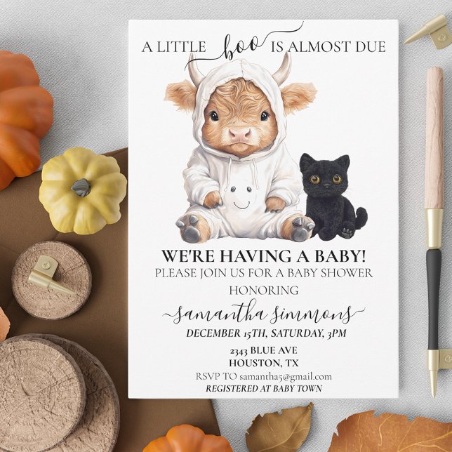 Little Boo Ghost Halloween Highland Cow Baby Invitation (Creator Uploaded)