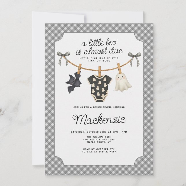 Little Boo Gingham Halloween Gender Reveal Party Invitation (Front)