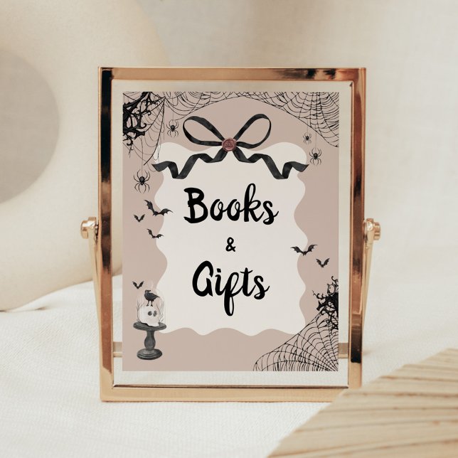 Little Boo Gothic Baby Shower Books and Gifts Sign (Black Bow Little Boo Halloween Gothic Baby Shower Sign )