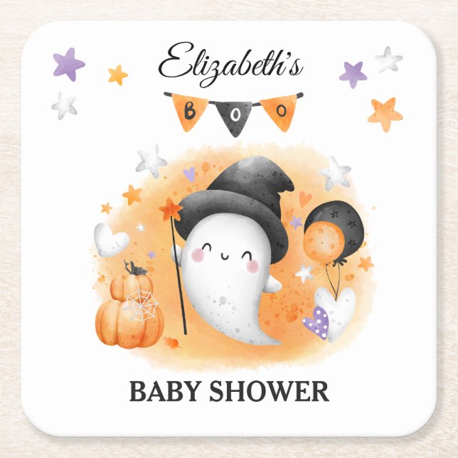 Little Boo Halloween Baby Shower Paper Coaster (Front)
