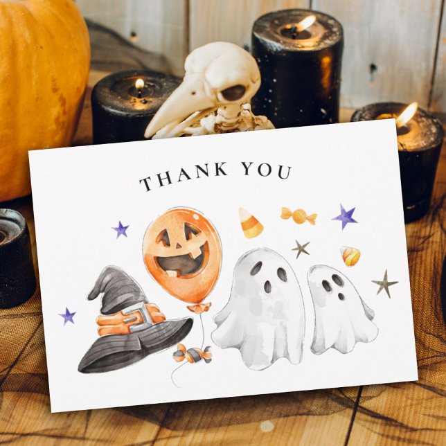Little Boo Halloween Baby Shower Thank You Card (Thank you guests for your Halloween themed baby shower or birthday featuring watercolor ghosts.)