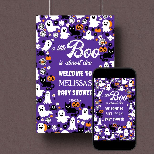 Little boo Halloween baby shower welcome sign (Little boo retro groovy Halloween baby shower welcome sign template poster instant download purple)