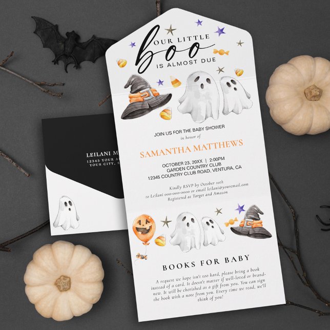 Little Boo Halloween Books for Baby All In One Invitation (Little boo is almost due books for baby all in one Halloween invitation featuring watercolor ghosts.)