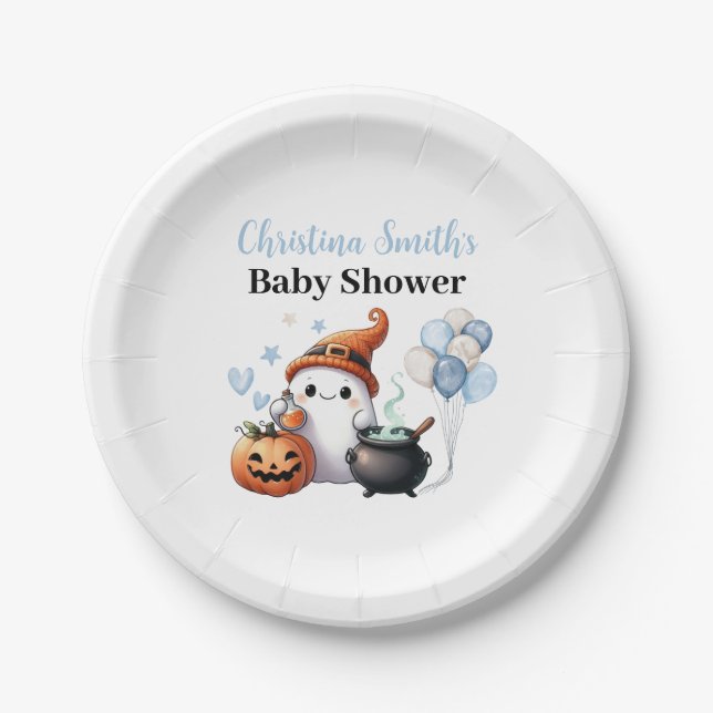 Little Boo Halloween Boy Baby Shower Paper Plate (Front)