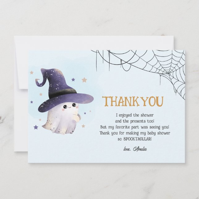 Little Boo Halloween ghost boy baby shower Thank You Card (Front)