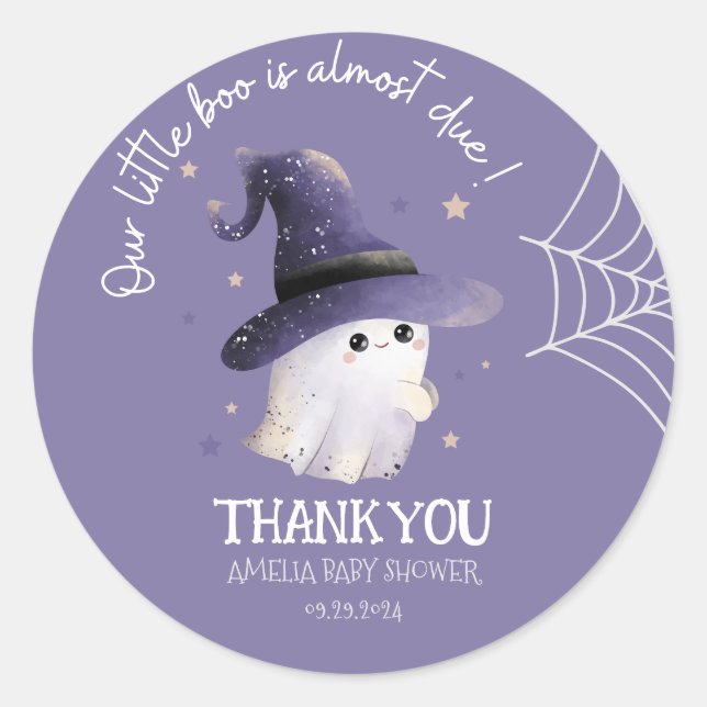 Little Boo Halloween ghost purple baby shower Classic Round Sticker (Front)