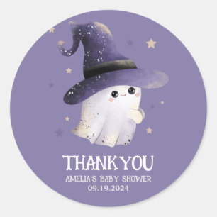 Little Boo Halloween ghost purple baby shower  Classic Round Sticker