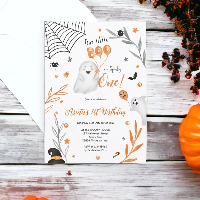 Little Boo Halloween orange spooky 1st birthday Invitation (Little Boo Halloween orange spooky 1st birthday Invitation)