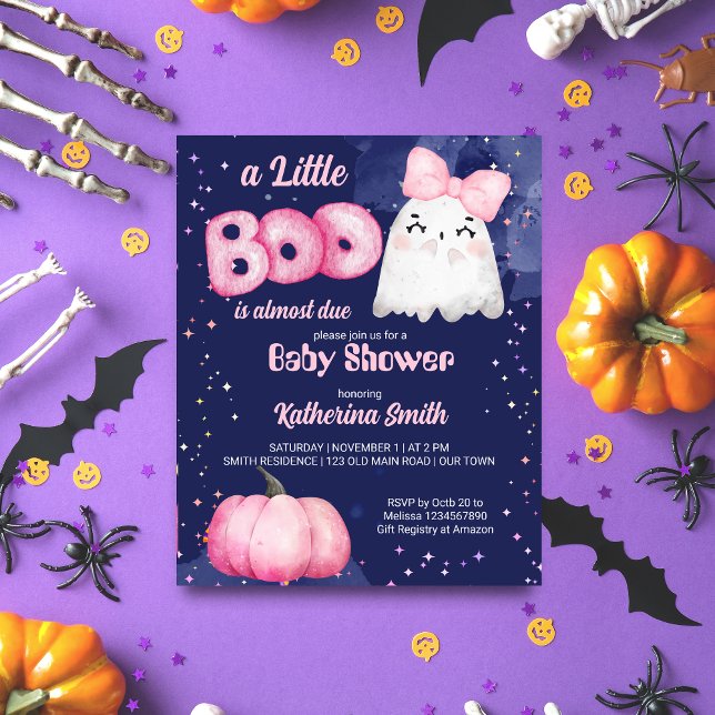 Little boo Halloween pink girl baby shower invite (Little boo Halloween  pink cute girl ghost baby shower template invitation navy blue starry night)