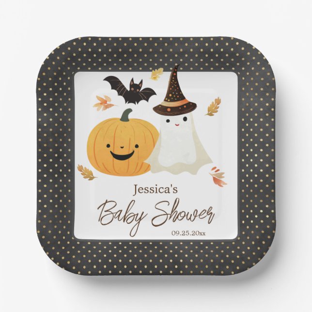 Little Boo Halloween Pollka Dot Baby Shower  Paper Plate (Front)