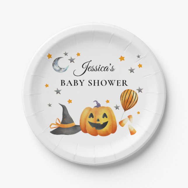 Little Boo Halloween Pumpkin Baby Shower Paper Plate (Front)