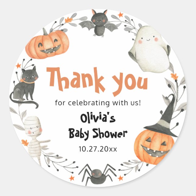 Little Boo Halloween Pumpkin Baby Shower Stickers (Front)