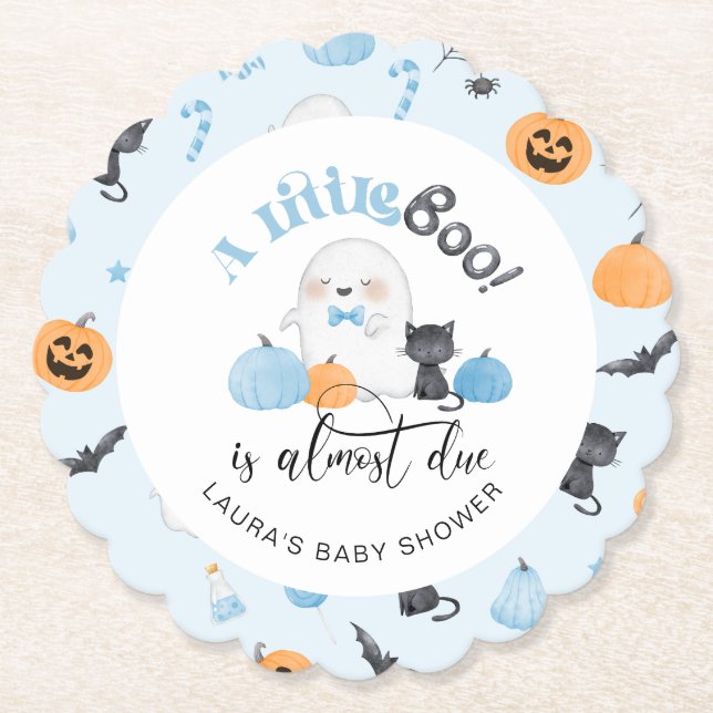 Little Boo is almost due blue baby shower Paper Coaster (Front)