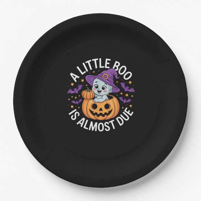 Little Boo Is Almost Due Cute Halloween Pregnancy  Paper Plate (Front)