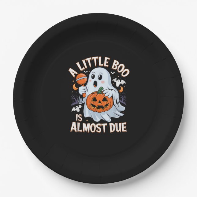 Little Boo Is Almost Due Cute Halloween Pregnancy  Paper Plate (Front)