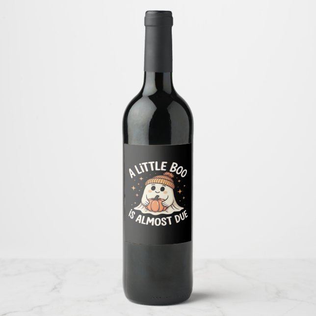 Little Boo Is Almost Due Halloween Pregnancy Revea Wine Label (Front)