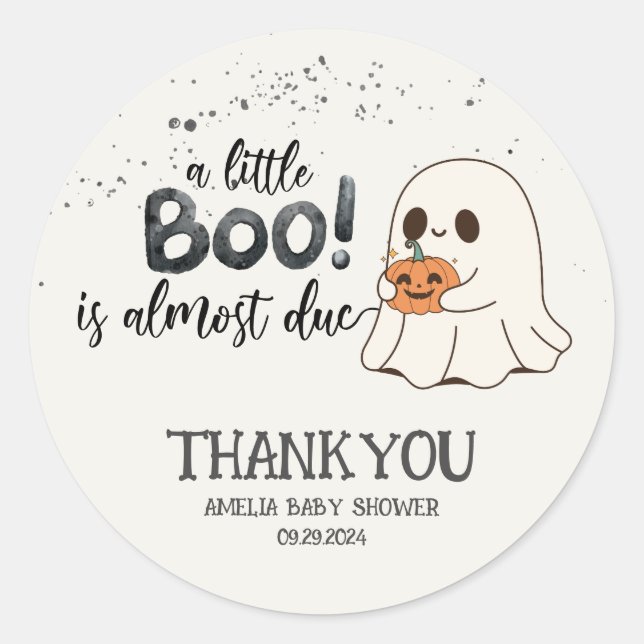 little boo is almost due orange baby shower classic round sticker (Front)