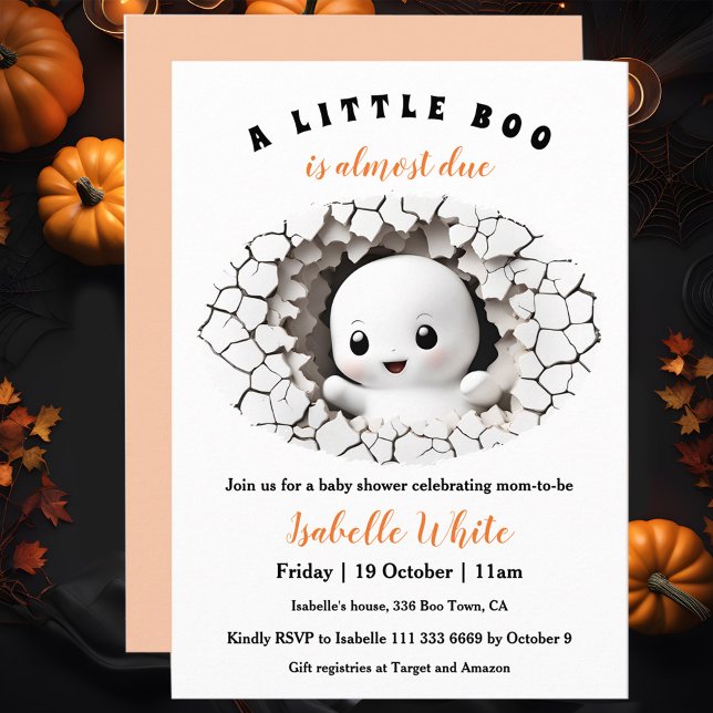 Little Boo Is Almost Due Peeking Ghost Baby Shower Invitation (Peeking baby ghost Halloween baby Shower Invitation, A little boo is almost due)