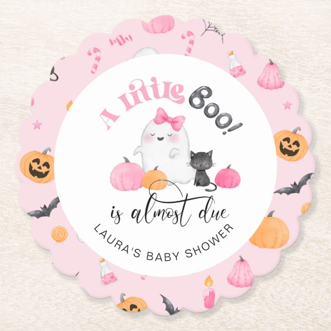 Little Boo is almost due pink baby shower Paper Coaster (Front)