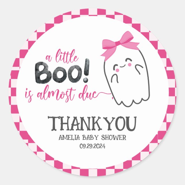 little boo is almost due pink retro baby shower classic round sticker (Front)